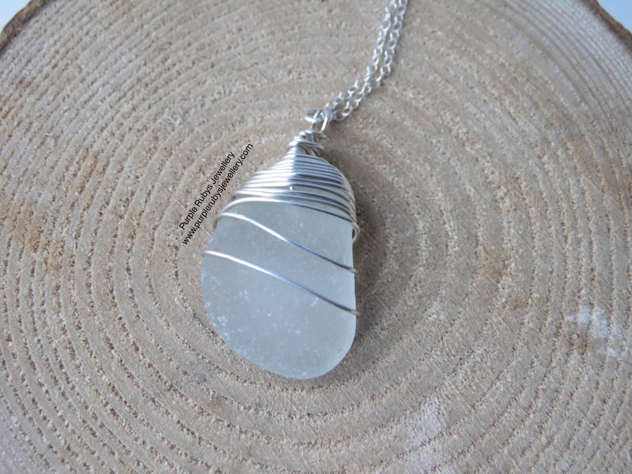 White Cornish Sea Glass Wire Wrapped Necklace, Sterling Silver N571