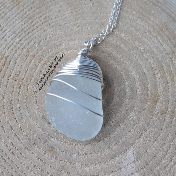 White Cornish Sea Glass Wire Wrapped Necklace, Sterling Silver N571