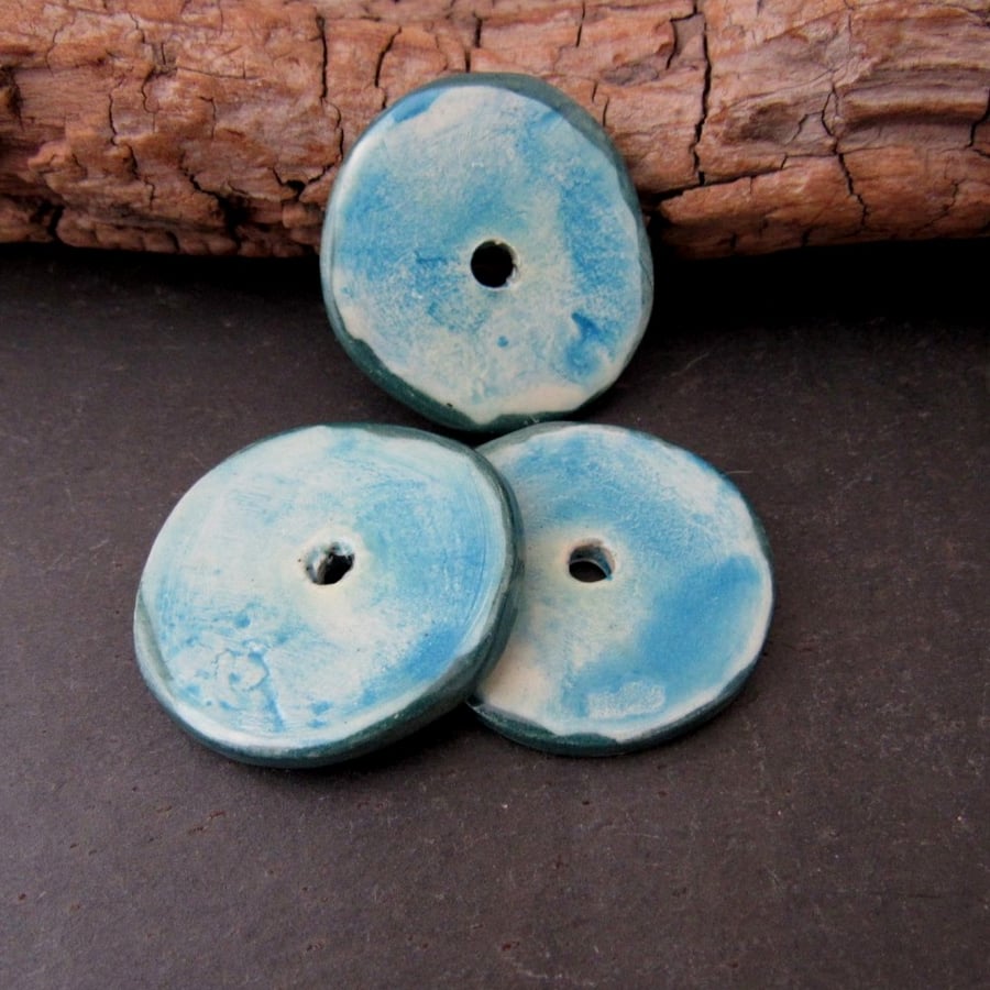 3 Extra-Large Light Blue and Dark Green Glazed Ceramic Disc Beads