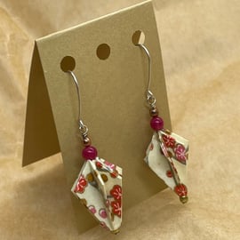 Origami Pinecone Cherryblossom washi earrings with dyed jade