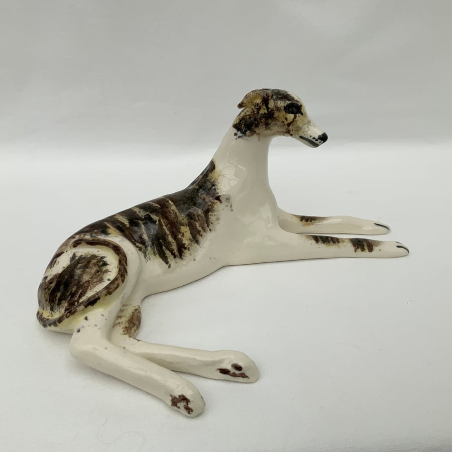 Brown & White Brindle Laying Greyhound