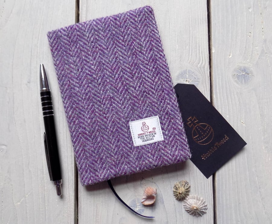 A6 Harris Tweed covered 2020 diary in purple and grey herringbone. Week to view