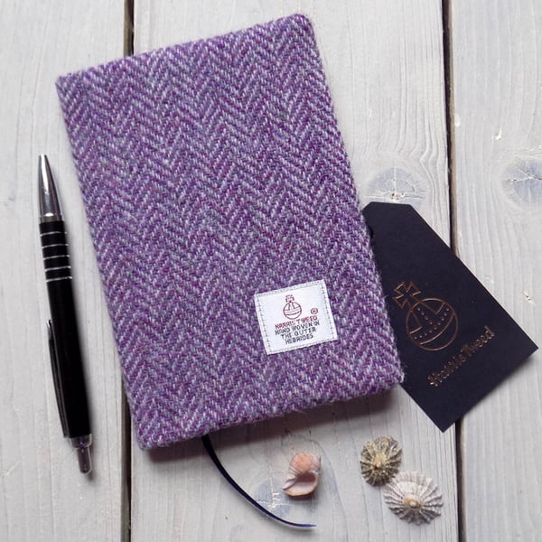 A6 Harris Tweed covered 2020 diary in purple and grey herringbone. Week to view