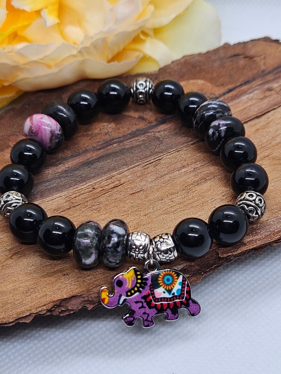 Black Jade and Jasper stretch bracelet with elephant charm Boho bracelet