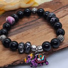 Black Jade and Jasper stretch bracelet with elephant charm Boho bracelet