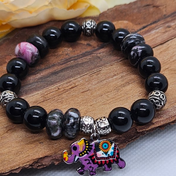 Black Jade and Jasper stretch bracelet with elephant charm Boho bracelet