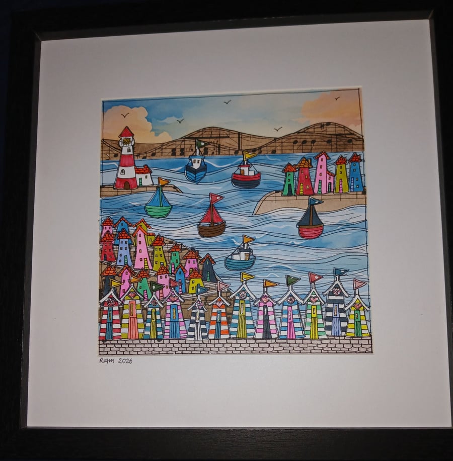 Quirky art original beach huts and quirky houses Happy art mixed media picture