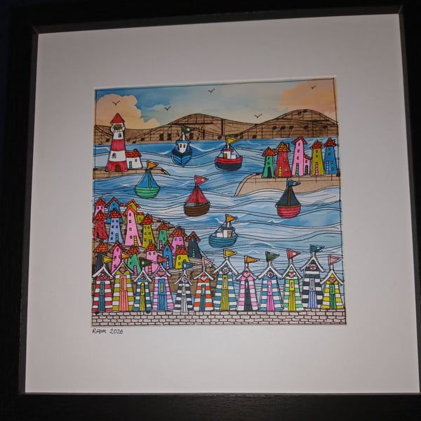 Quirky art original beach huts and quirky houses Happy art mixed media picture