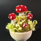 Toadstools in Curly Moss. Needle Felted with Wool Fibres. Mounted in Wooden Bowl