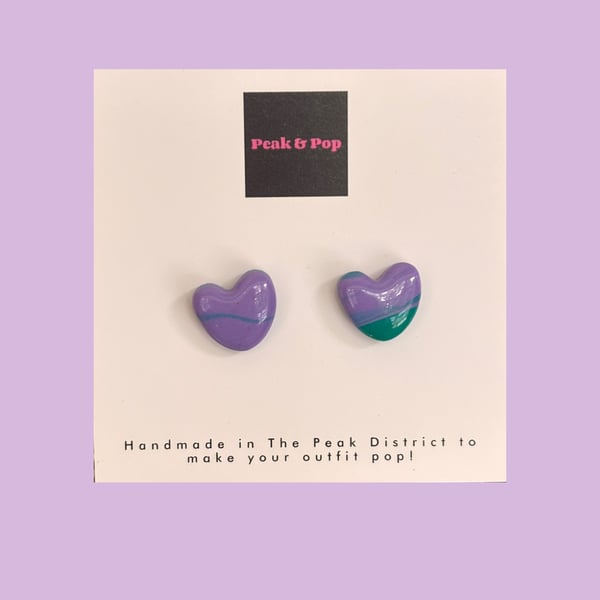Playful Purple and Teal HEart Stud Earrings - Handmade Statement Jewellery 