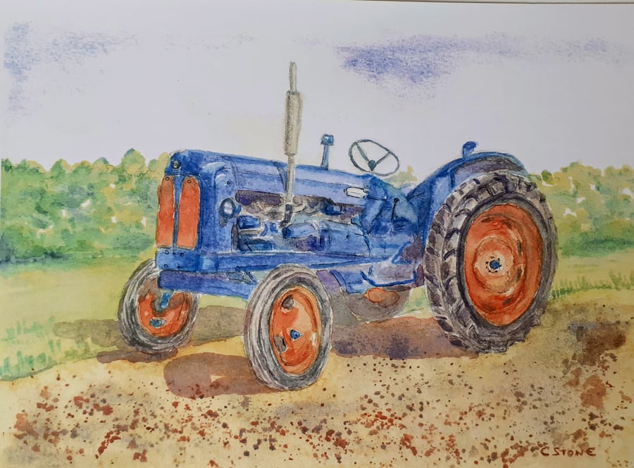 Art print blue  vintage tractor from original watercolour 290 x 200 mm