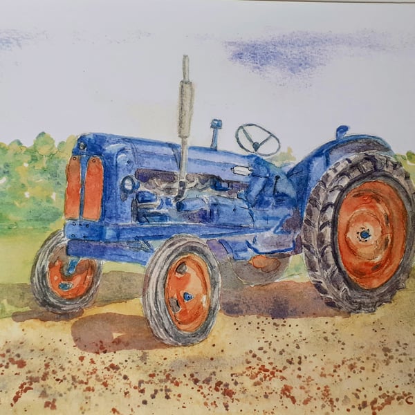 Art print blue  vintage tractor from original watercolour 290 x 200 mm