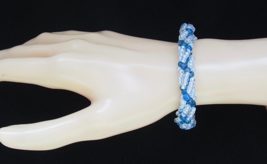 Chunky Bracelet: Swiss Blue Beads Woven with Light Blue Beads in a Rope