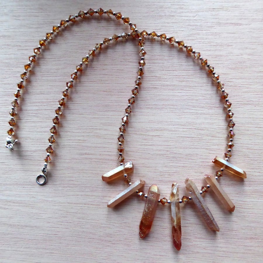 Sunray Necklace - Sterling Silver, Raw Quartz & Swarovski Copper Crystal 
