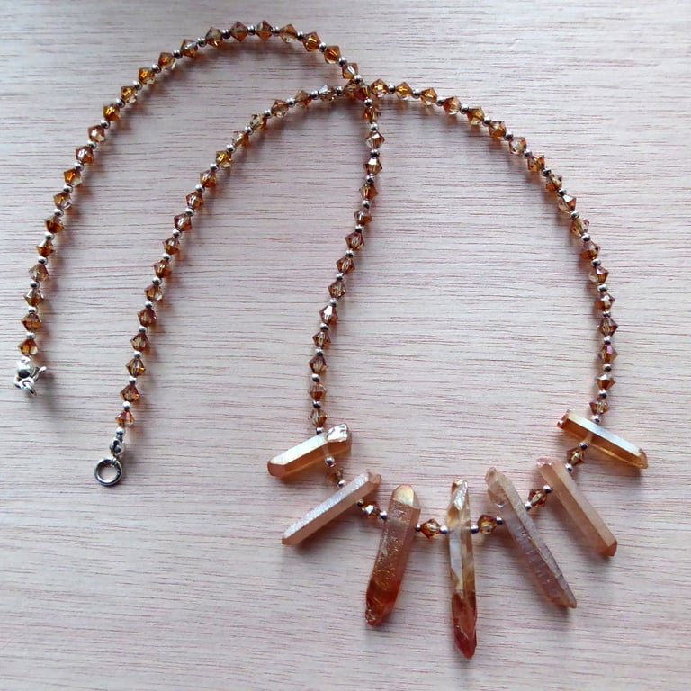 Sunray Necklace - Sterling Silver, Raw Quartz & Swarovski Copper Crystal 