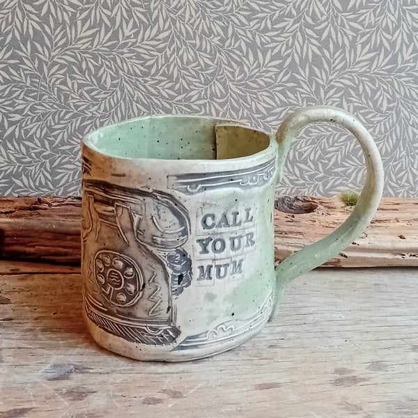 Call your Mum, handpainted ceramic pottery cup, stoneware handmade vintage