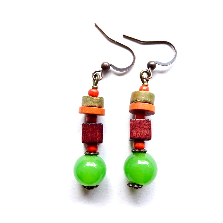 Green orange brown wood glass dangle drop earthy earrings