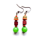 Green orange brown wood glass dangle drop earthy earrings