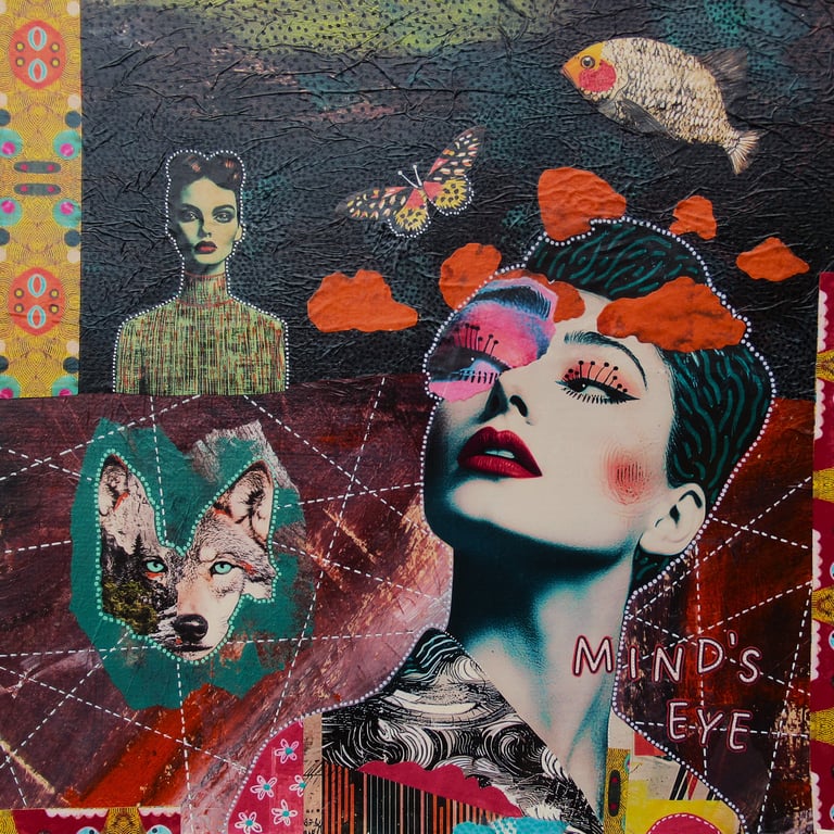 Abstract Female Portrait Fish Wolf & Butterfly Surreal Dreamlike Landscape Art