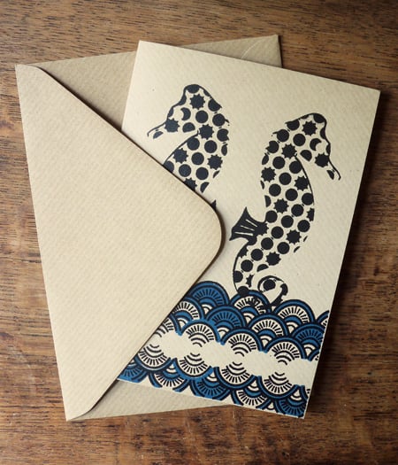 Screen printed blank greetings card - Seahorse (blue)