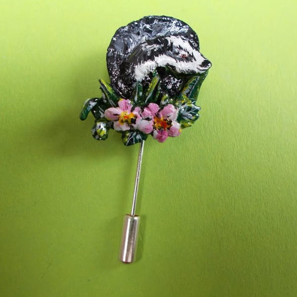 Clay BADGER & PINK FLOWERS PIN Badger Lapel Brooch HANDMADE HAND PAINTED 