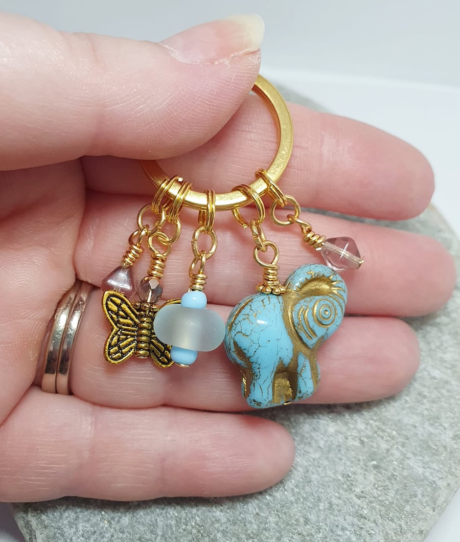 Turquoise blue elephant charm keyring