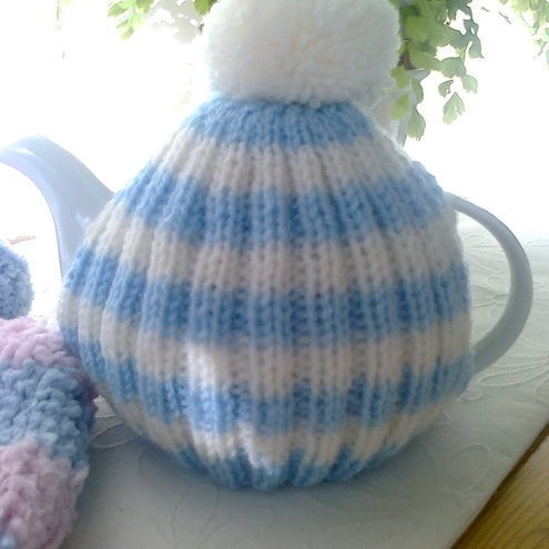 Tea Cosy - Blue and White Stripped with Bobble