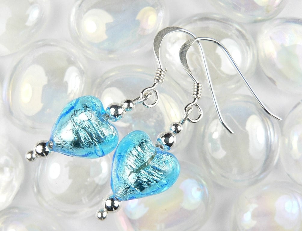 Aqua Murano glass heart drop earrings, sterling silver, 10mm, in gift box