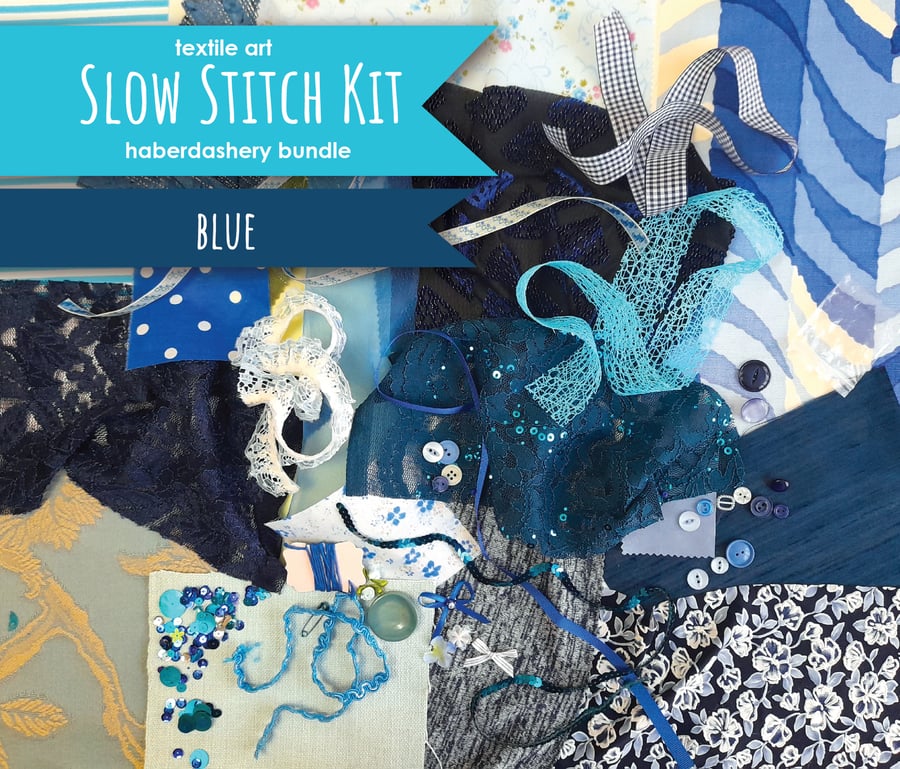 Slow stitching kit - blue theme. Fabric remnants, fabric bundle