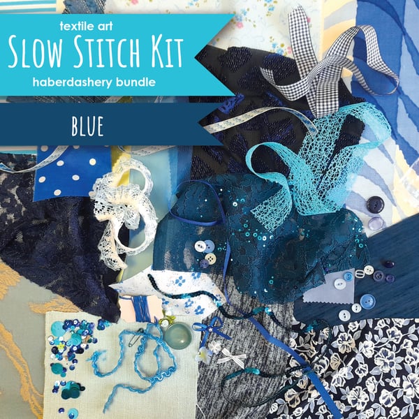 Slow stitching kit - blue theme. Fabric remnants, fabric bundle