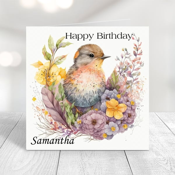 Personalised Spring Birds Birthday Card. Design 2