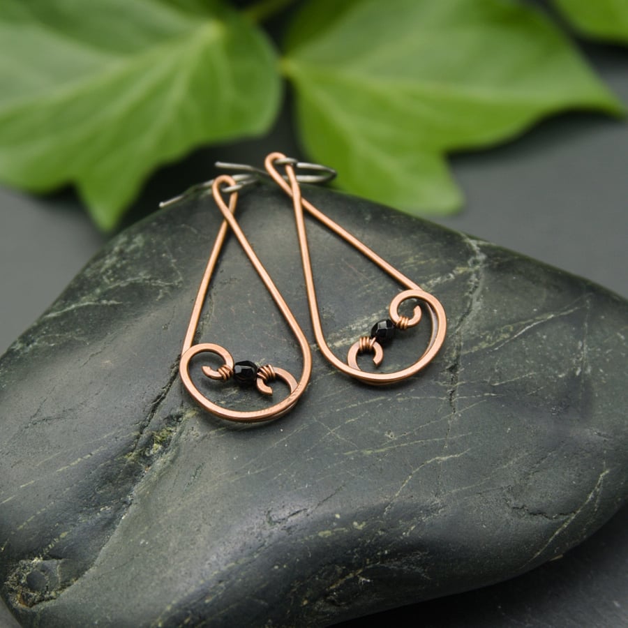 Hammered Copper Teardrop Swirl Earrings with Black Faceted Glass Beads