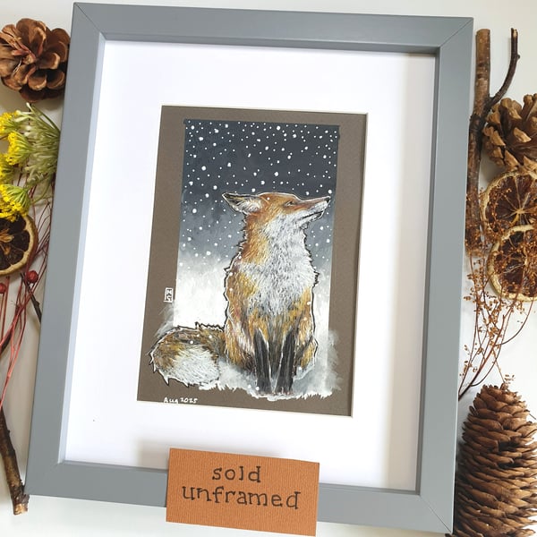 Fox In The Snow original drawing, small wildlife artwork, animal wall art
