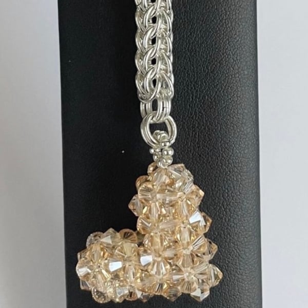 Handbag Charm, Golden Crystal Puffed Heart, with a Chainmaille Chain and Keyring