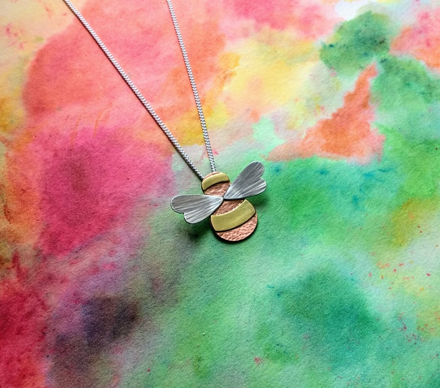 Bumble Bee Pendant, Copper with Brass Stripes & Silver Wings, Silver Chain