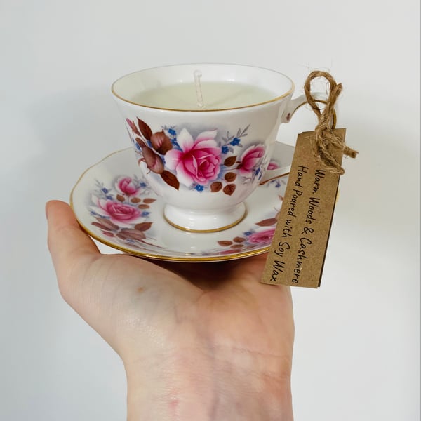 Warm Woods and Cashmere Tea Cup Candle with Saucer