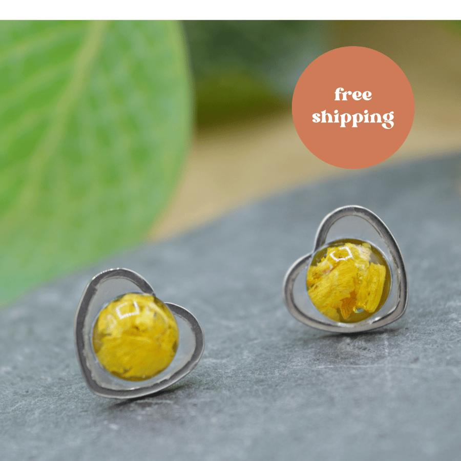 Yellow Marigold Petal Heart Stud Earrings - Free Postage