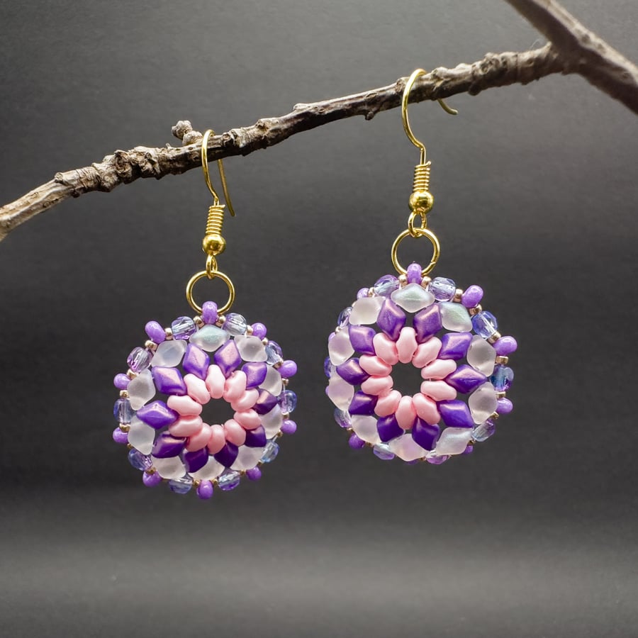 Gold Plated Beaded Earrings with Pink, Lilac and Opalescent Beads