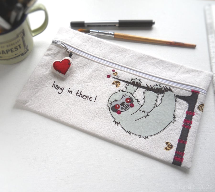 freehand embroidered large pencil case project bag zombie sloth