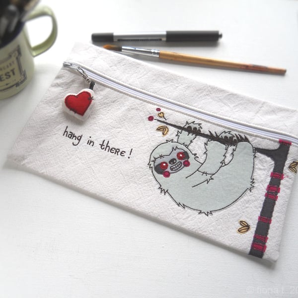freehand embroidered large pencil case project bag zombie sloth