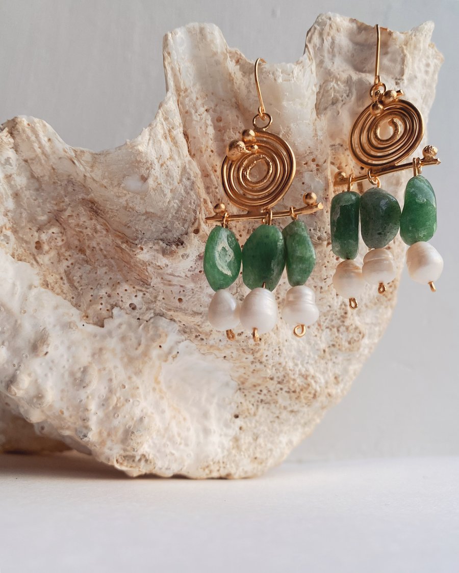 Byzantine Jade & Pearl Spiral Earrings