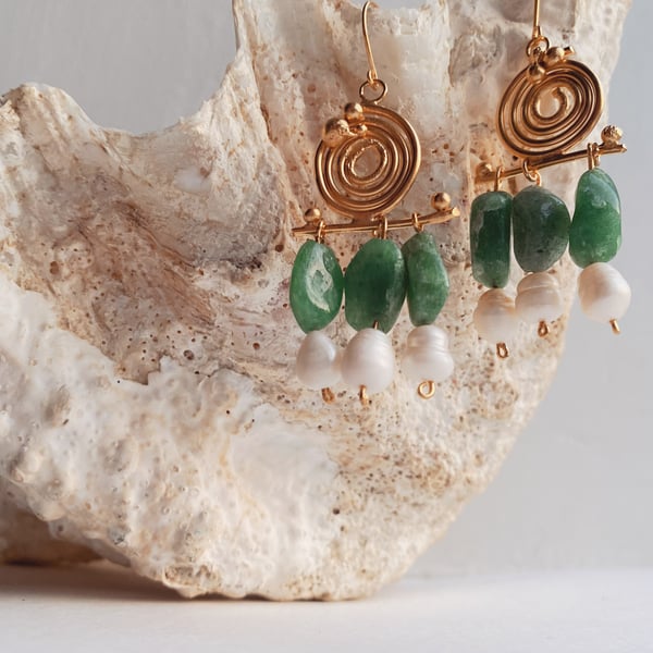 Byzantine Jade & Pearl Spiral Earrings