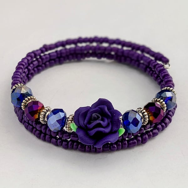 Dark purple beaded wrap bracelet with Fimo rose - 2001413