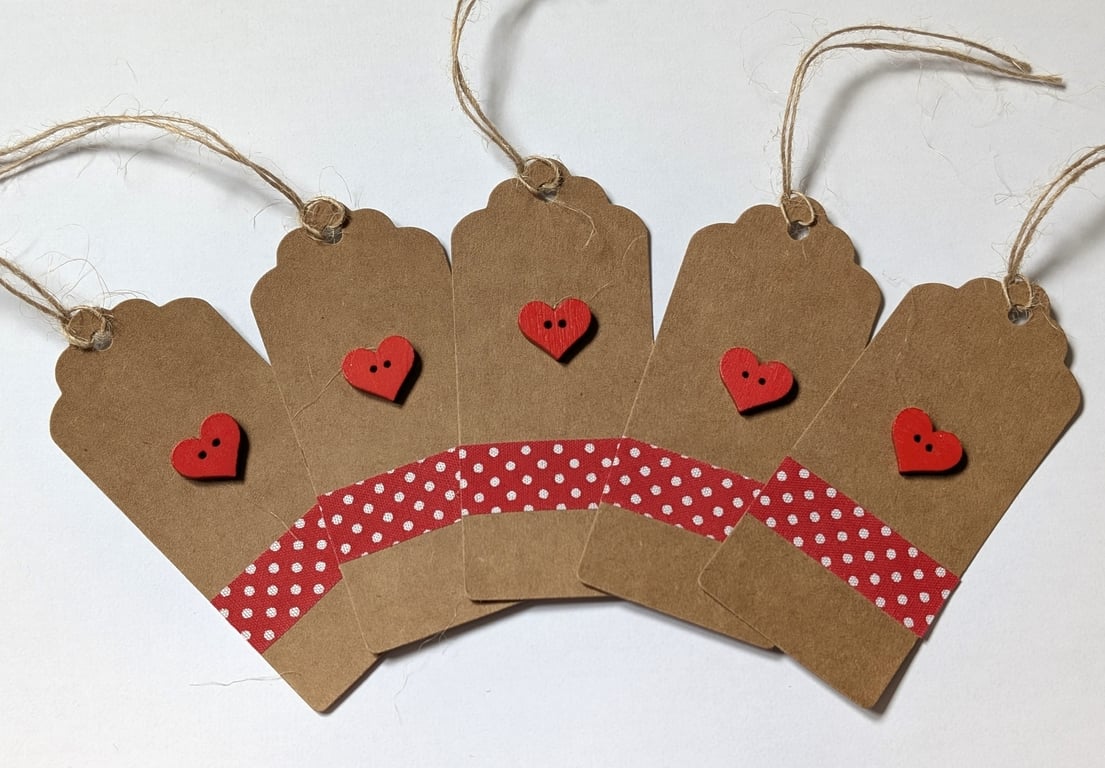 Homemade gift tags made with buttons in packs of 5 - red heart polka dot