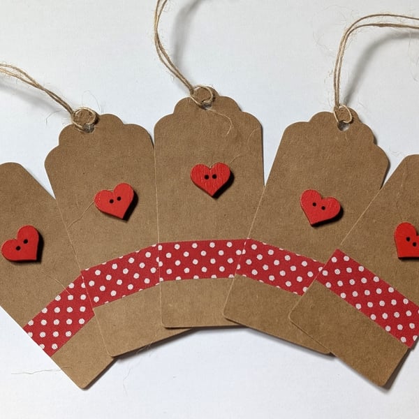 Homemade gift tags made with buttons in packs of 5 - red heart polka dot