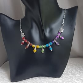 Gorgeous Rainbow trio bead necklace - Silver tone chain