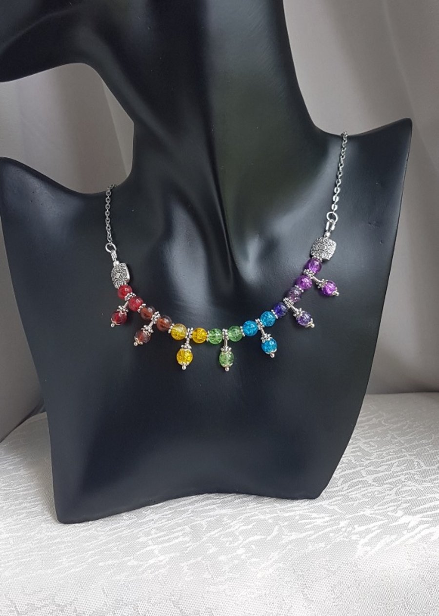 Gorgeous Rainbow trio bead necklace - Silver tone chain