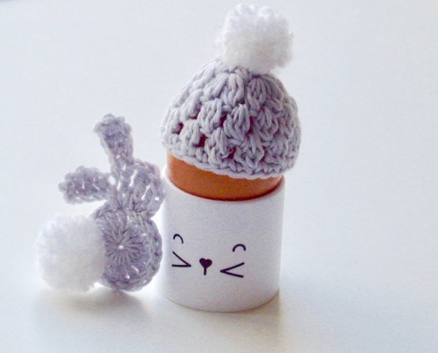 Egg cosy and bunny, dove grey egg cosy, crochet egg cosy with a bunny