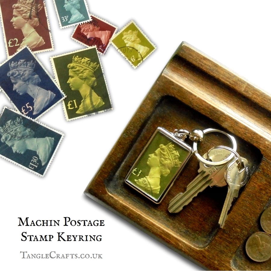 British Postage Stamp Keyring, Upcycled Machin Stamp - choice of colours