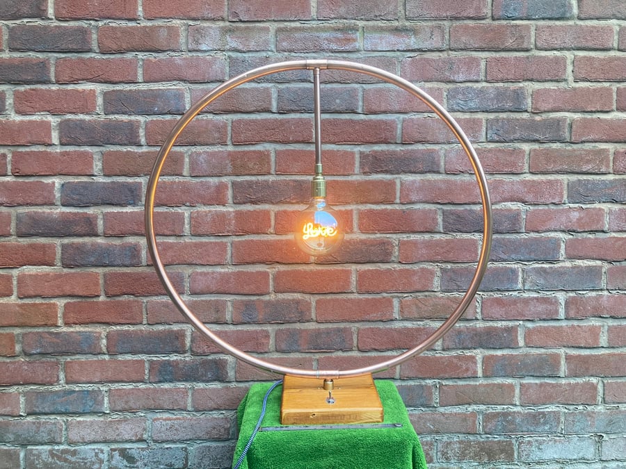 Copper Hoop Table Lamp with Love Script Bulb, made from Upcycled Water Pipe